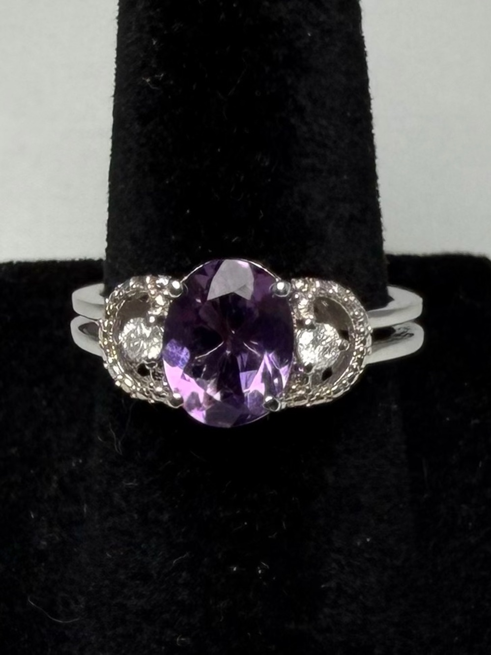 Natural Amethyst & Diamond Ring 1.66ct Oval Sterling Silver Size 6.5 Sizable